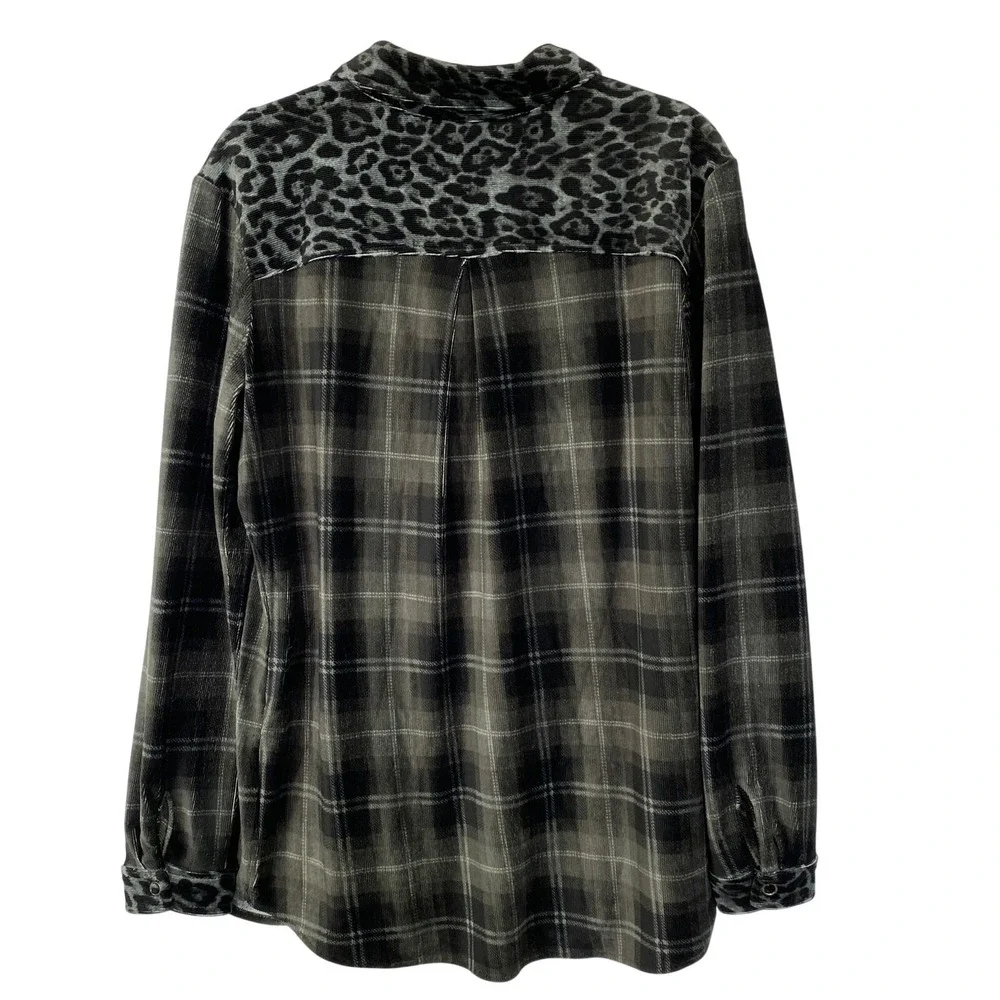 Susan Graver Whimsigoth Corduroy Shirt‎ Women SP Black Plaid Animal Print Trim